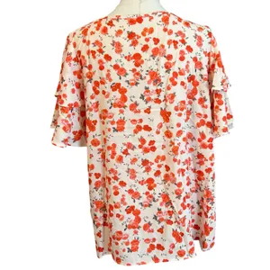 Floral Top XL Cream Orange Short Sleeve Flutter Soft Silk Coquette Feminine Boho thumbnail 5