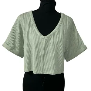 Altar’d State Green Ribbed Crop Pull on V-neck Top(Size Small) thumbnail 2