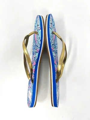 Lilly Pulitzer Coastal Blue Pink Print Gold Metallic Strap Flip Flops 9.5 thumbnail 3
