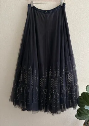 Floreat Anthropologie Women's Navy Tulle Embroidered Maxi Skirt Size 4 Fairy thumbnail 1