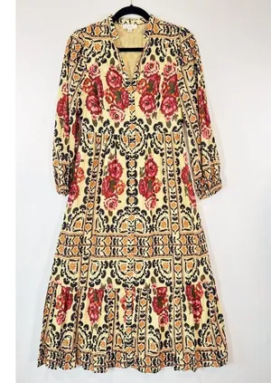 A Loves A Womens Dress Brown Vintage Floral Split V Neck Midi A Line Boho XS thumbnail 6