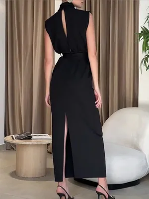Commense Solid Slit Belted Mock Neck Midi Dress Black Size M NWT Sold Out thumbnail 2