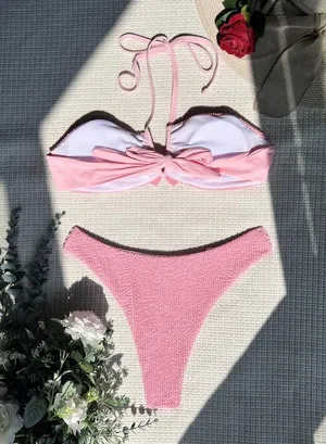 Pink Ruched halter bikini set thumbnail 5