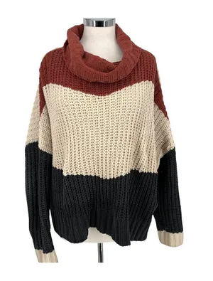 POL Chenille Colorblock Oversized Turtleneck Sweater Orange Ivory Size Medium thumbnail 1