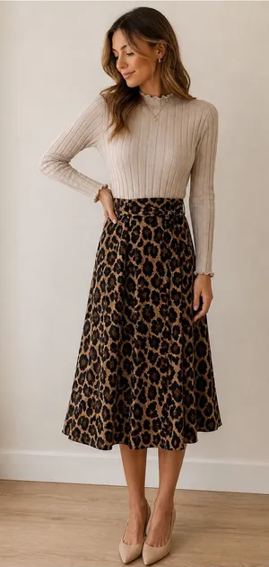 SheIn Brown Leopard Print A-Line Midi Skirt thumbnail 1