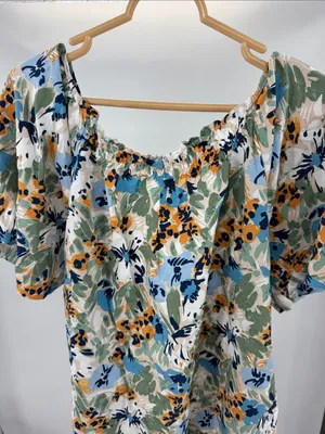 Emory Park smocked neckline flowy mini babydoll Dress S floral open back tie thumbnail 7