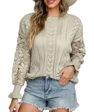 Lace Crochet Long Sleeve Hollow Out Knit‎ Sweater Pullover Top Pointelle L Boho thumbnail 1