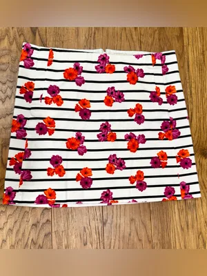 J. Crew Mini Skirt Women's Sz 6 White Black Stripes Pink /Purple Flowers Pockets thumbnail 4