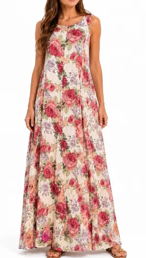 Vintage 90s Baby Pink Floral Crinkle Maxi Dress‎ Romantic Sleeveless Rayon Small thumbnail 1