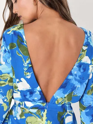 Lulu’s Floral Open Back Romper Blue Long Sleeve Size Medium thumbnail 3