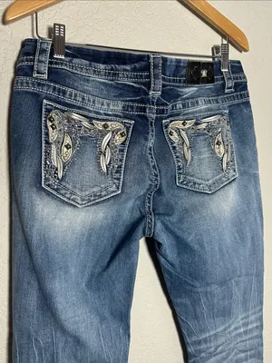Miss Me Jeans Women's Blue Diamond Studded Pockets Y2K Bling Cowgirl thumbnail 2