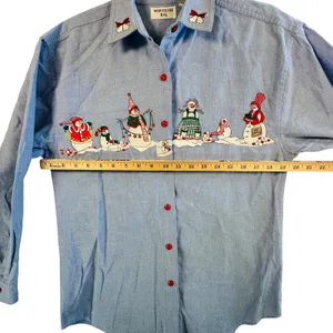 Vtg Christmas Snowman Shirt Chambray Denim Holiday Button‎ Down Top S Festive thumbnail 4