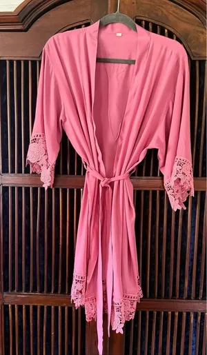 Pink Lace Trim Kimono Robe Sheer Tie Waist Lightweight One Size thumbnail 1
