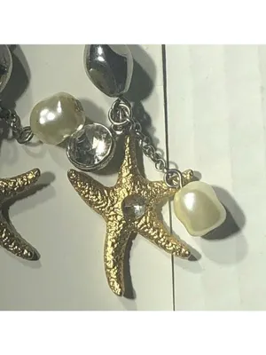 Vintage Under the Sea Dangle Earrings Starfish Embedded Rhinestones Gold/White thumbnail 4