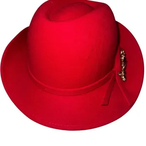 Red Fascinator Hat Feathers Kentucky Derby wide brim fedora brooch pin flowers thumbnail 3