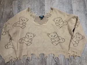Just Polly Beige Brown Fringed Teddy Bear Cropped Pullover Sweater Women's Large thumbnail 1