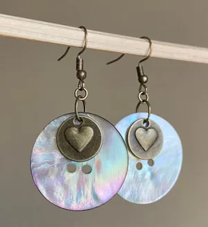 antique vintage fairy boho style big shell button unique dangle earrings🌀🌳🍃🐚🌊 thumbnail 1
