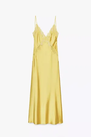 Zara Lace-Trim Slip Satin Maxi Dress in Mustard Chartreuse Yellow thumbnail 10