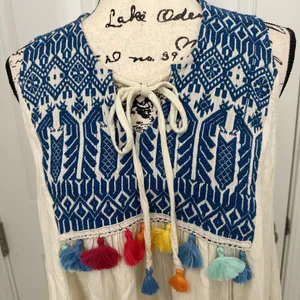 Judith March Cream Dress with Blue Embroidered Yoke and Colorful Tassels thumbnail 2
