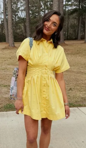 EXQUISE The Tobie Button-Front Pleated Mini Shirtdress in Yellow Size Medium thumbnail 1