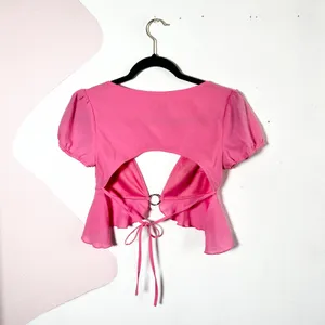 Tiger Mist Crop Top Women's Small‎ Pink O Ring Ruffles Peplum Coquette thumbnail 3