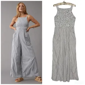 American Eagle Outfitters Jumpsuit 2XL XXL Striped Smocked Lined Wide Leg Cotton thumbnail 2