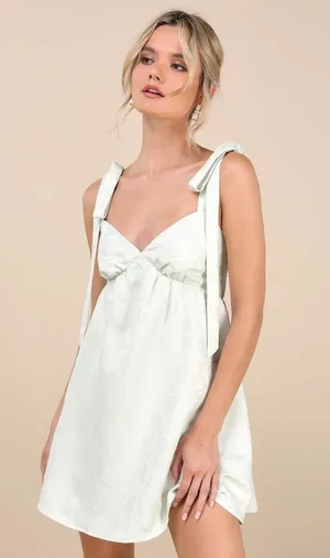 Lulus Precious Allure Light Sage Green Jacquard Tie-Strap Mini Dress Large NWT thumbnail 1