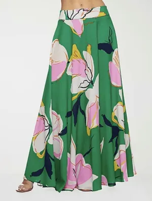 Premier Amour Green Pink Floral High Waist Maxi Skirt Large Crepe Flowy Summer thumbnail 1