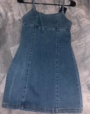 denim mini dress with spaghetti straps. Blue thumbnail 2