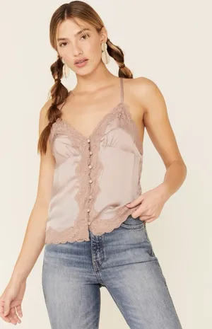 Wishlist Women's Satin Lace Trim Button Down Cami Tank Top thumbnail 1