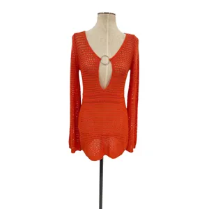 Peppermayo Sunriser Crochet Mini Dress Red Orange Cutout Ring Long Sleeve S/M thumbnail 2