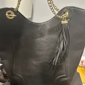 Black Faux Leather Tote Bag with Gold Accents thumbnail 2