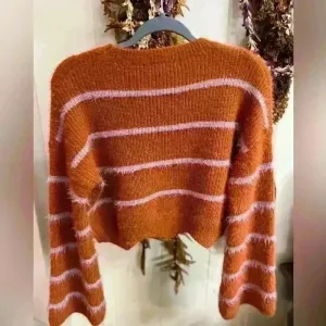 Gianni Bini Eyelash Knit Striped Sweater Bell Sleeve‎ Scalloped Orange Fall Fisherman thumbnail 3