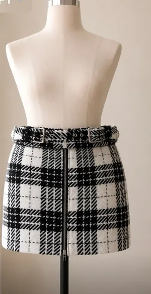 Suggested Title: Zara Basic Tweed Plaid High Waisted Mini Skirt with Belt - Size [S ) thumbnail 1