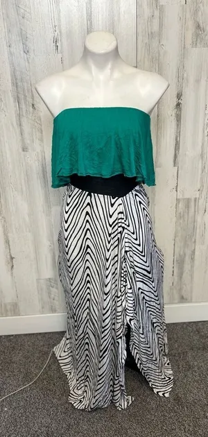 Venus Strapless Maxi Dress Womens XSmall Emerald Green Black White Chevron Zebra thumbnail 1