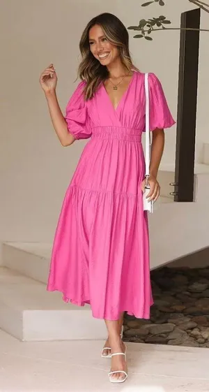 NEW Puff Sleeve V Neck A-line Flowy Tiered Midi Dress Barbie core L thumbnail 2