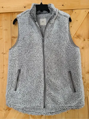 Thread & Supply Ivory Cozy Sherpa Teddy Zip Up Vest Jacket Gray Trim - Medium thumbnail 1