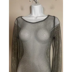 House of Harlow 1960 Silver Rhinestone Fishnet Mesh Maxi Dress XS Long‎ Sleeve thumbnail 3