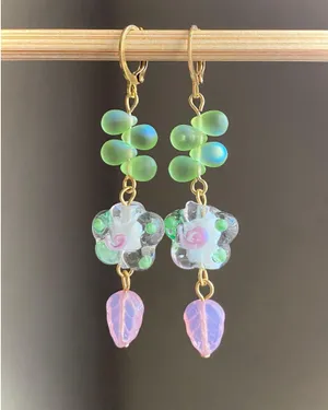 flower glass beads & quality Czech glass beads mix boho fairy retro vintage cottage chic style dangle earrings💐🩵 thumbnail 1