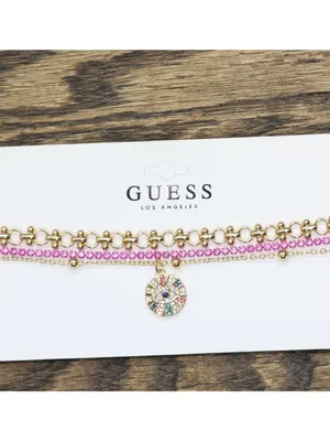 NWT Guess Rhinestone Eye Pendant Choker Necklaces Gold / Pink Multi 12" + 4" thumbnail 2