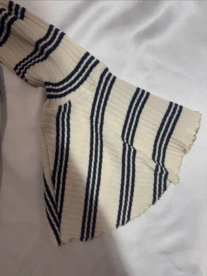Zara Cream and Navy Striped Ribbed Bell-Sleeve Top thumbnail 3