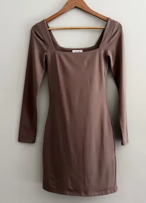 Aritzia Babaton Contour Squareneck Longsleeve Mini Dress in Mocha Small thumbnail 1