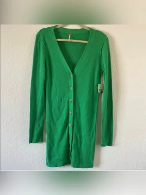NWT Free People Green Ribbed Knit Button-Down Cardigan Mini Dress Size Large thumbnail 2