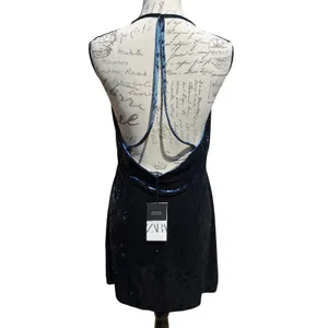 Zara NWT Festive Season Teal Crushed Velvet Twist Front Halter Mini Dress Large thumbnail 4