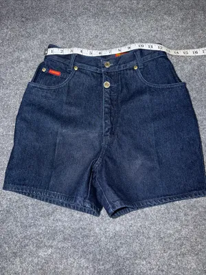 vintage Lawman high-waisted dark wash denim shorts featuring prominent gold-tone thumbnail 6