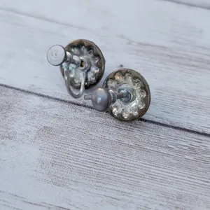 Vintage Screw On Earrings Faux Pearl with Clear Gem Halo - Heavy Tarnish/Wear thumbnail 7