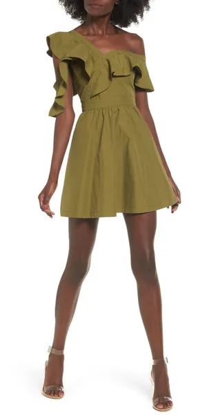 Olive Green Fit and Flare Ruffled Mini Dress thumbnail 1