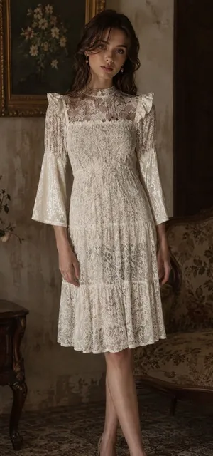 Vintage Cream Lace Velvet Victorian Cottagecore Dress Flare Sleeves Ruffle thumbnail 1