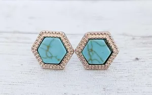 Vintage Stud Earrings Hexagon Shape Gold Tone & Turquoise Tone 0.5" Dainty thumbnail 2