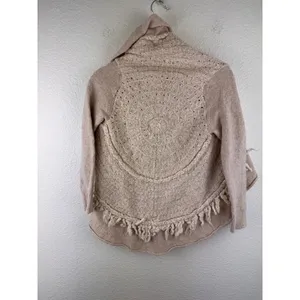 Anthropologie Knitted & Knotted Cardigan Wool‎ Sz S Beige Crochet Fringe Boho thumbnail 3